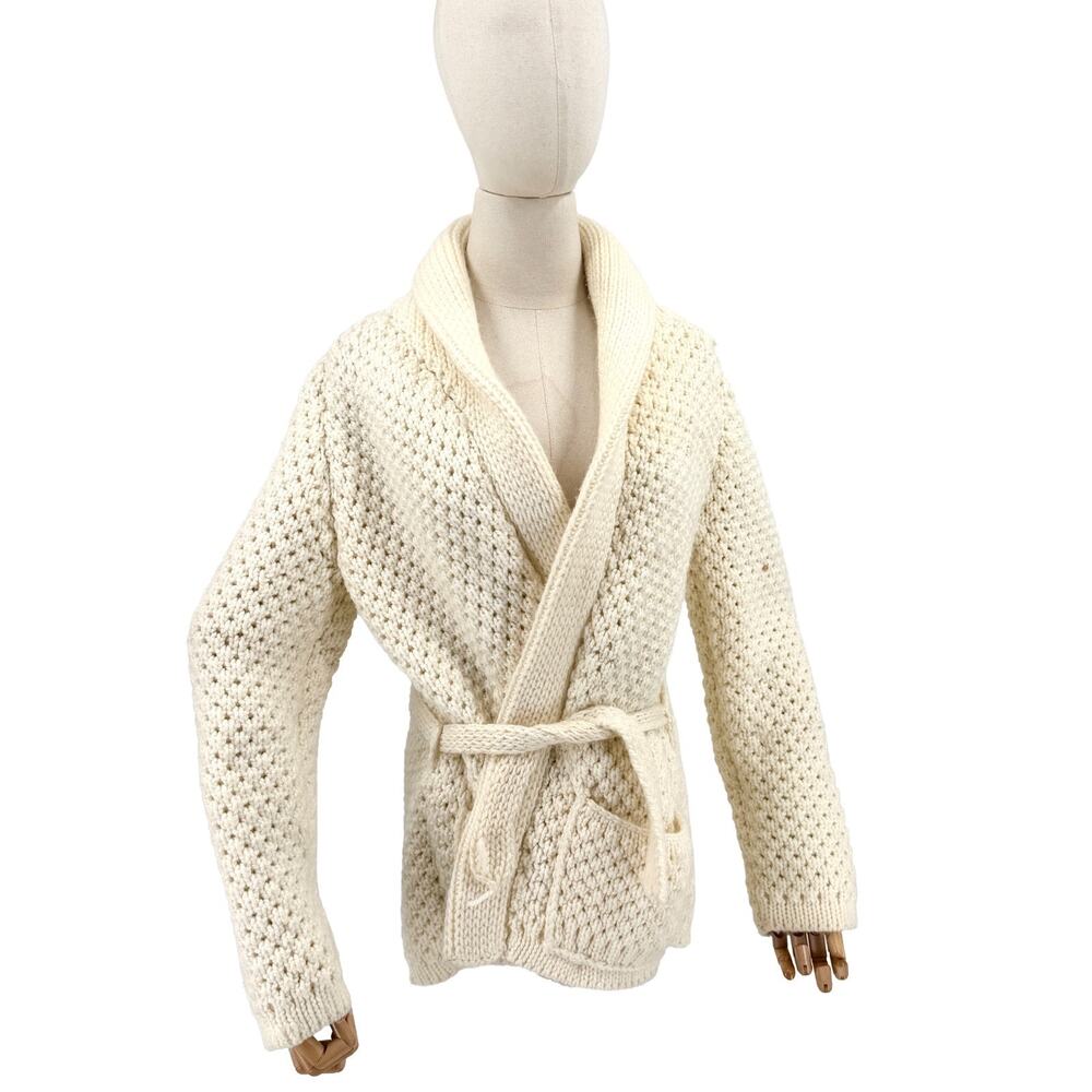 Vintage 80s Handmade Cream Chunky Knit Belted Cardigan Sweater